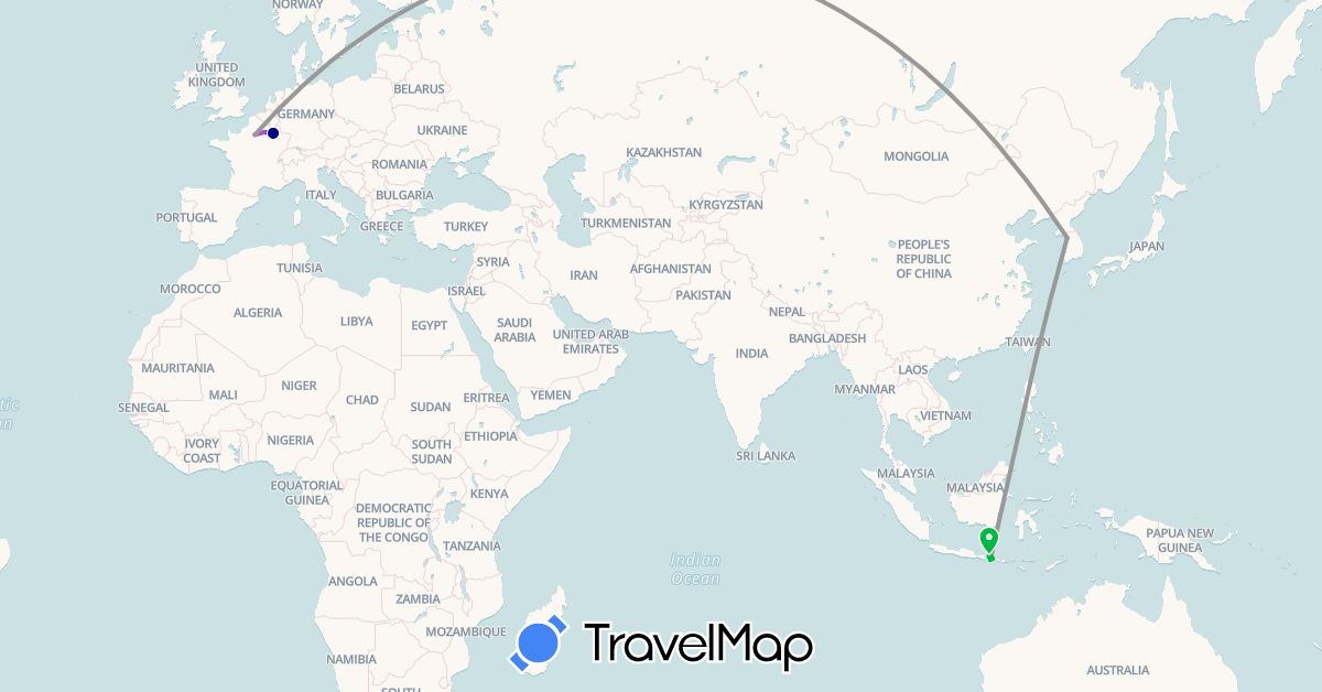 TravelMap itinerary: driving, bus, plane, train in France, Indonesia, South Korea (Asia, Europe)