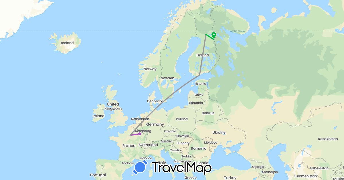 TravelMap itinerary: driving, bus, plane, train in Finland, France (Europe)